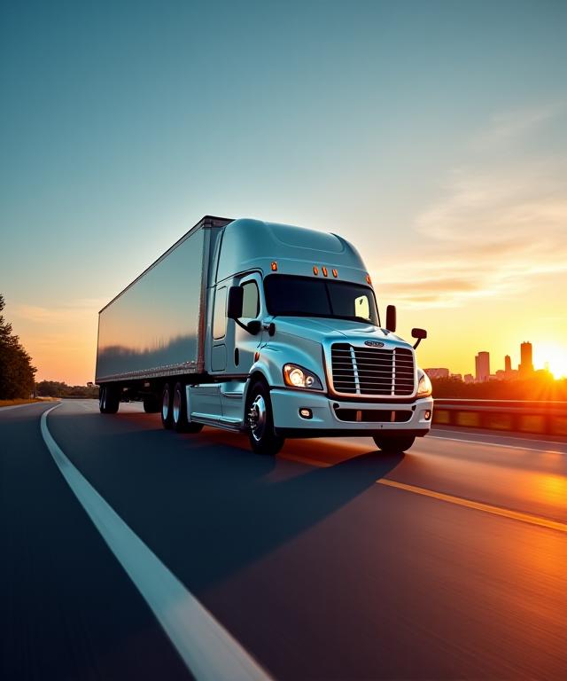 Modern box truck driving through a logistics hub at sunset