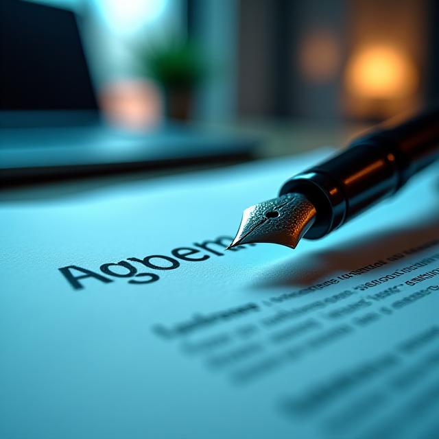 Close-up of a signed logistics contract on a dark wooden desk with professional lighting